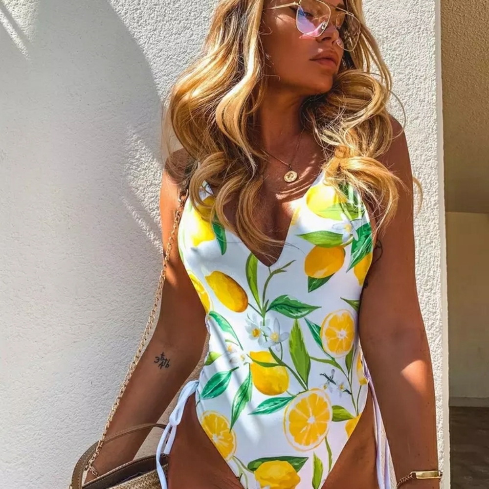Lemon π Print Side Lace Thong Back One-piece Swim - Picture 2 of 8